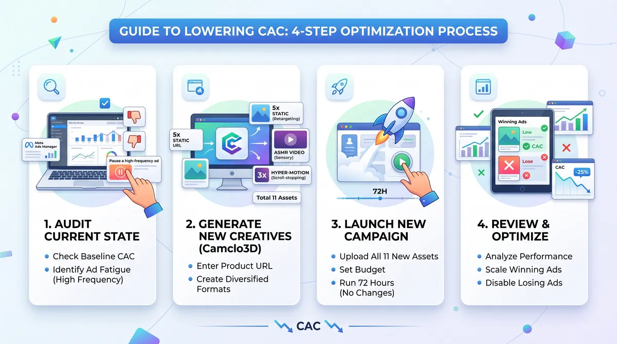 Guide to Lowering CAC: 4-Step Optimization Process - Audit Current State, Generate New Creatives, Launch New Campaign, Review and Optimize