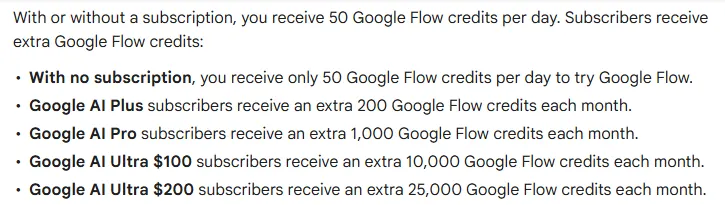 Google Flow help center listing 50 daily Flow credits for everyone, plus 200 a month on Google AI Plus, 1,000 on Pro, 10,000 on Ultra $100 and 25,000 on Ultra $200