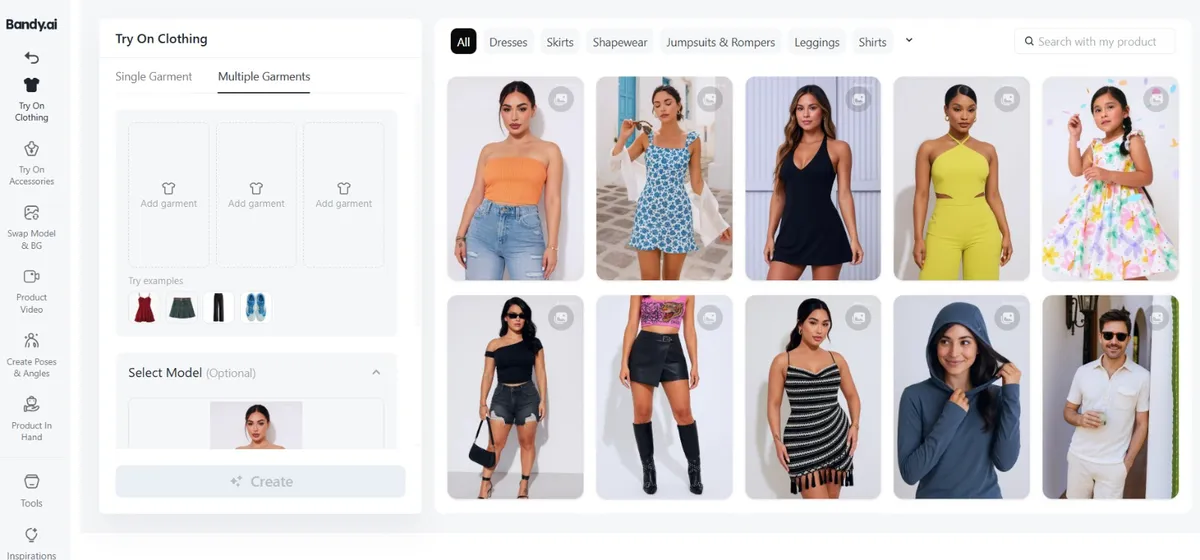 Bandy AI virtual try-on platform showing clothing try-on with AI models and garment selection