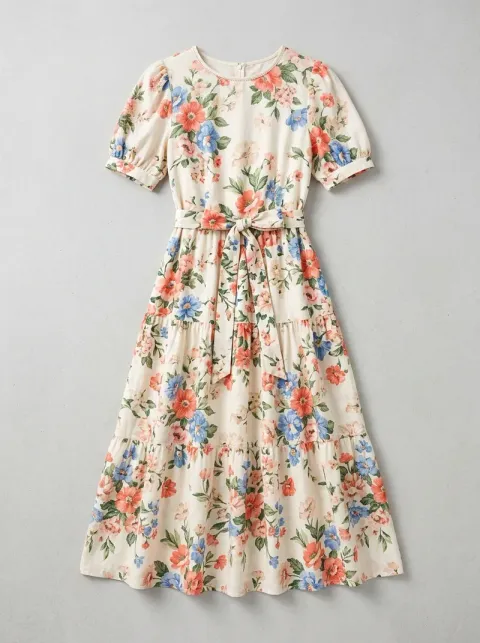 Flat-lay photo of a cream floral midi dress used as the product image for virtual try-on