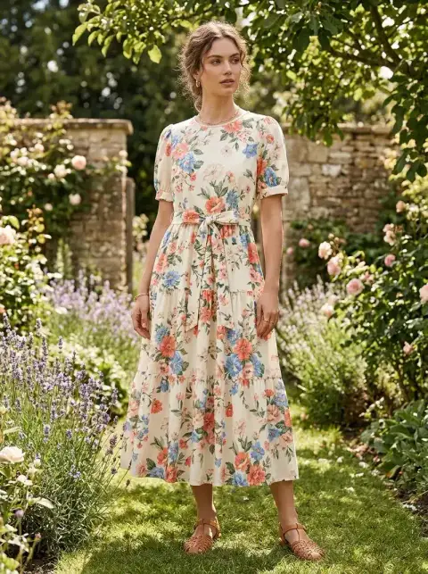 The same floral dress worn by a model in a garden, generated with CamClo AI Virtual Try-On