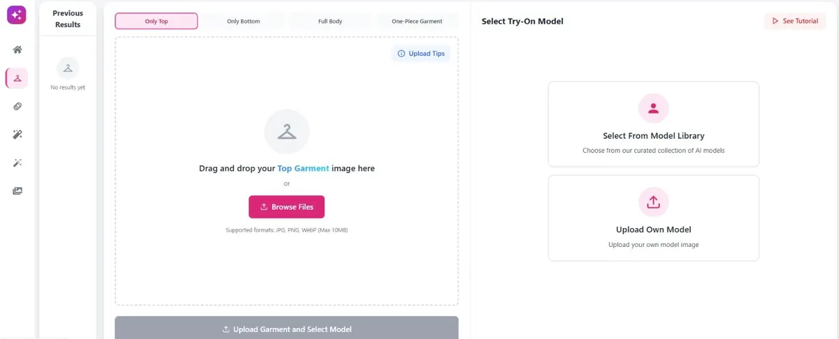 Camclo virtual try-on interface showing garment upload, model selection, and generation workflow