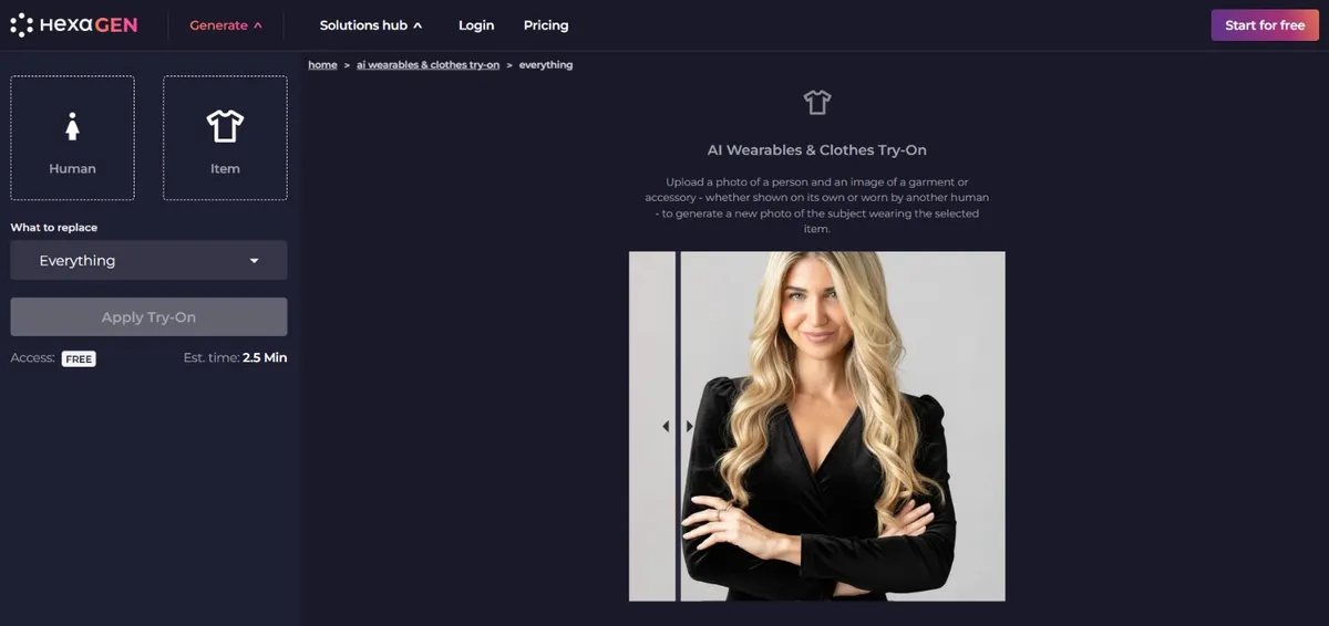 HexaGen AI wearables and clothes try-on interface showing garment upload and generation