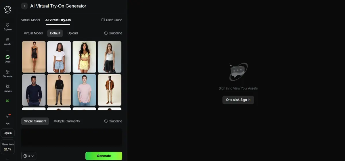Kling AI virtual try-on platform showing model library and garment upload interface