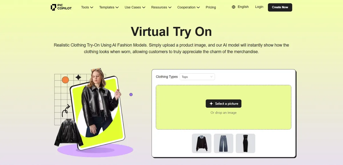 Pic Copilot virtual try on interface showing clothing type selection and image upload