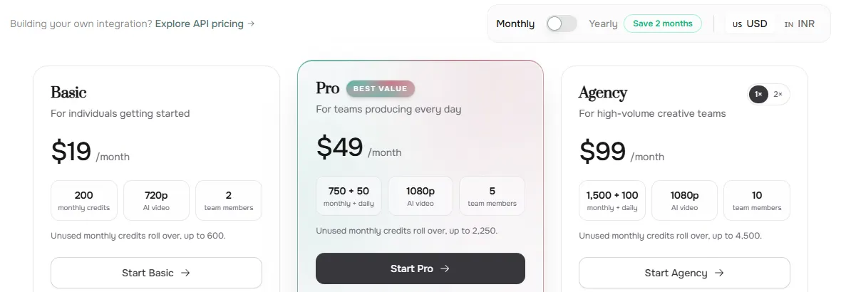 FASHN pricing page in US dollars showing Basic at $19 a month with 200 credits, Pro at $49 and Agency at $99
