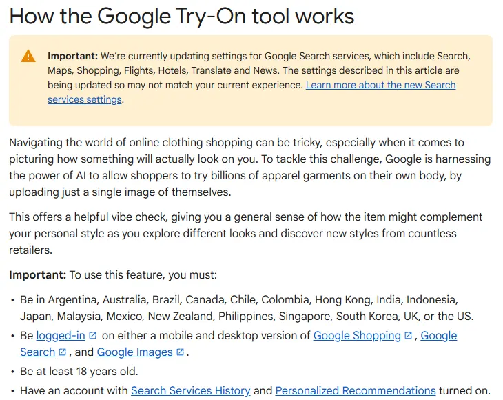 Google Shopping Help article explaining the Try-On tool, the countries it is available in and the requirement to be at least 18