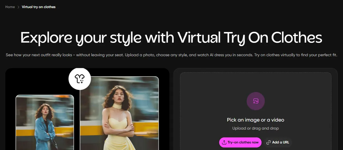 Picsart Virtual Try On Clothes page with a before and after outfit example and an upload box