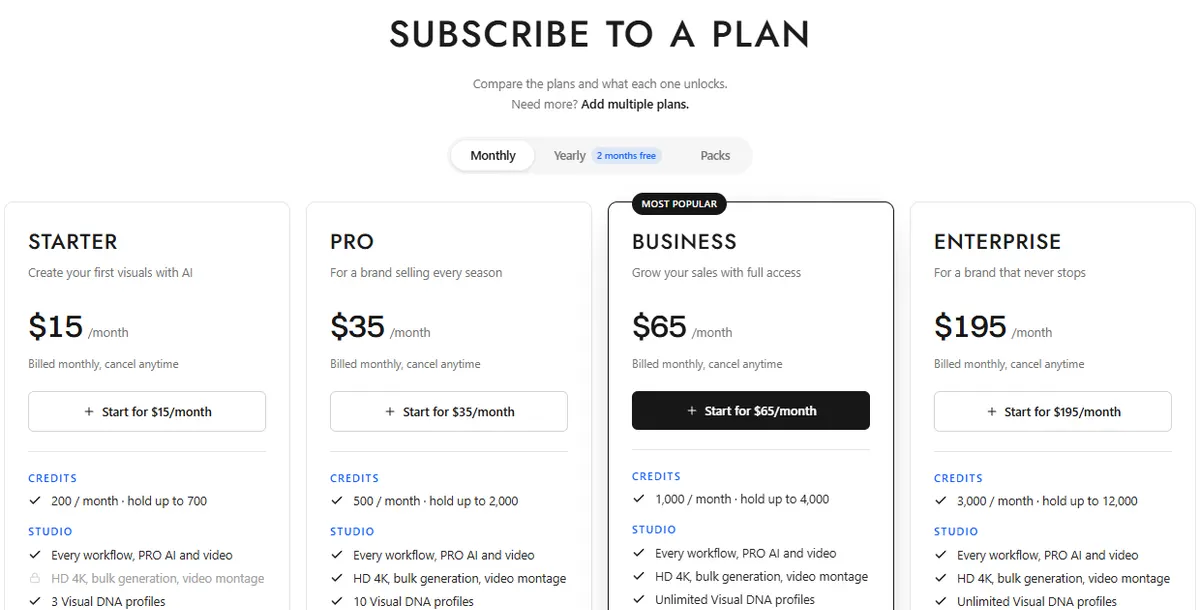 The New Black pricing page showing Starter at $15, Pro at $35, Business at $65 and Enterprise at $195 a month