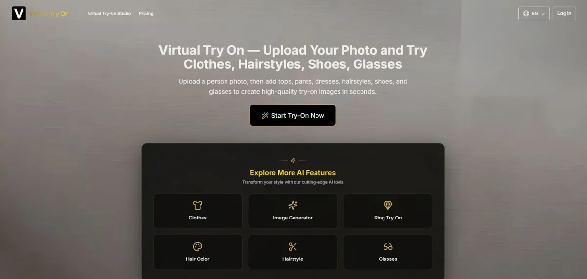 virtualtryon.art virtual try-on interface showing person photo upload and clothing selection