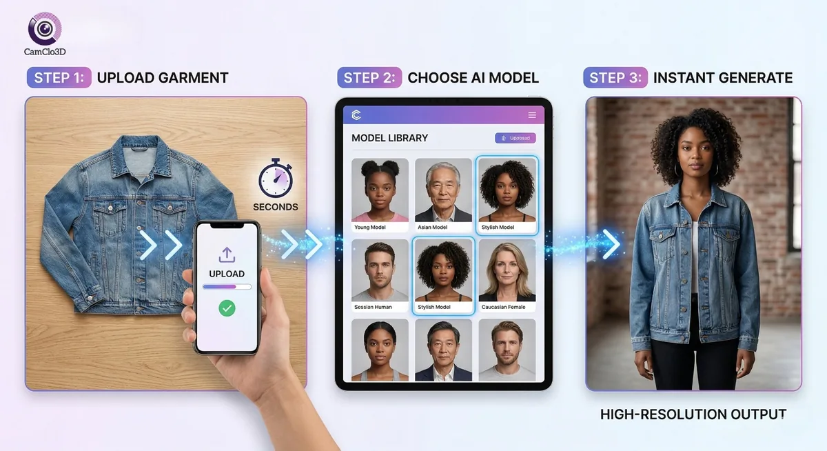 3-step process: Upload garment, choose AI model, instant generate