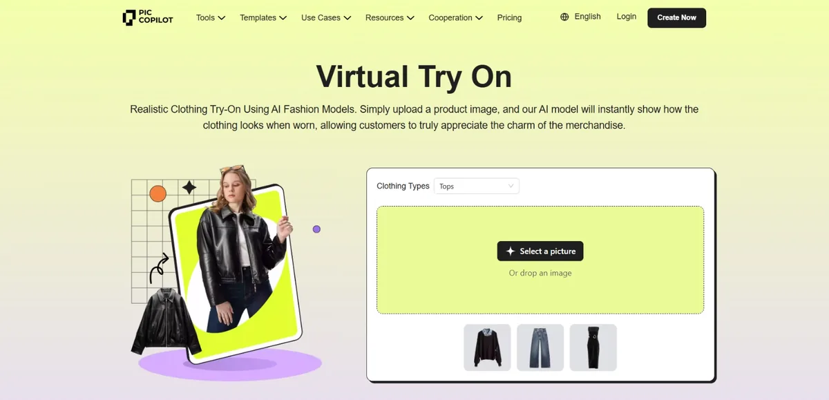 Pic Copilot virtual try on interface showing clothing type selection and image upload