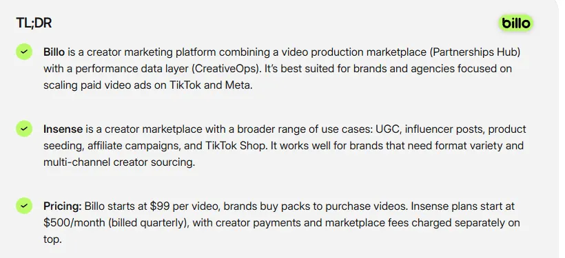 Billo's site stating that Billo starts at $99 per video and that brands buy packs to purchase videos