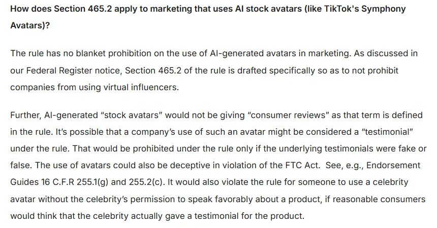 FTC staff answer saying the reviews and testimonials rule has no blanket prohibition on AI-generated avatars, but avatar testimonials are prohibited if the underlying testimonials are fake or false