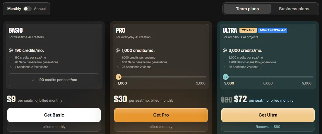 invideo pricing page on monthly billing showing Basic at $9, Pro at $30 and Ultra at $72 renewing at $80, per seat per month
