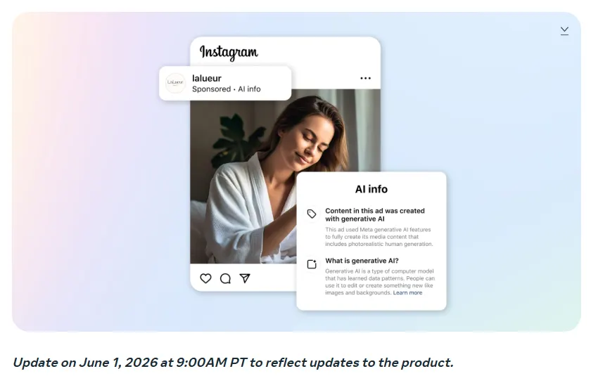 Meta's illustration of an Instagram ad marked Sponsored and AI info, with a panel explaining the content was created with generative AI