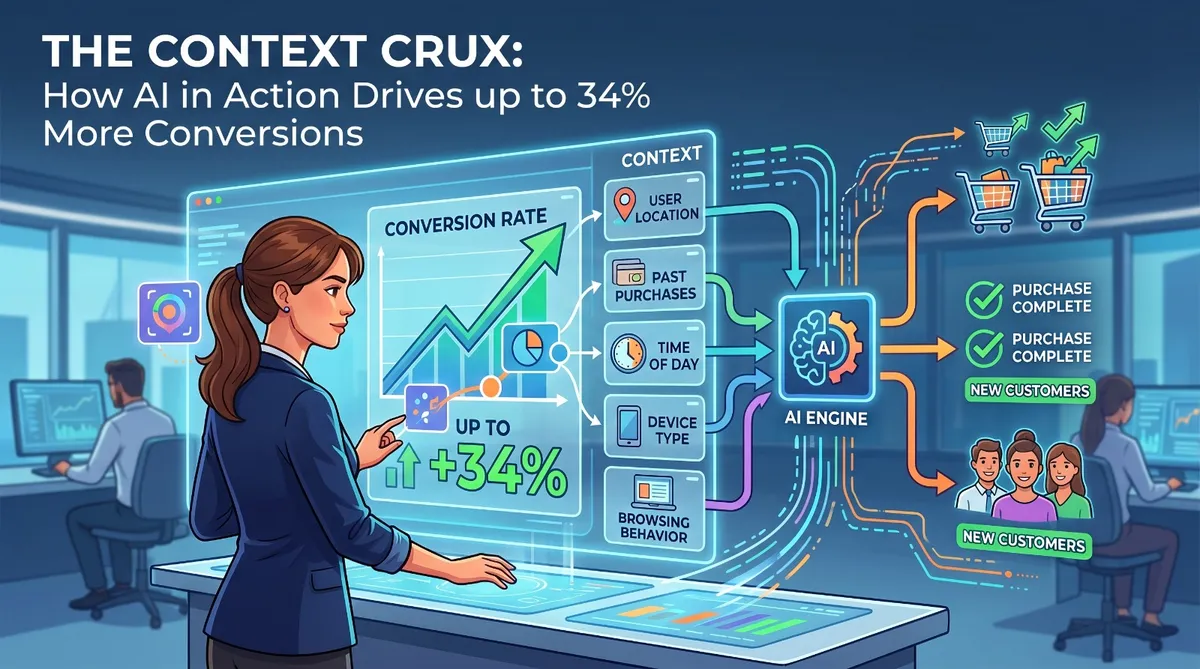 The Context Crux: How AI in Action Drives up to 34% More Conversions - infographic showing conversion rate boost with contextual AI