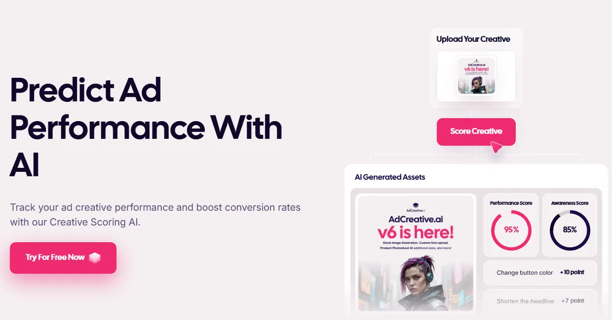 AdCreative.ai Creative Scoring page showing an uploaded ad with a 95% Performance Score, an 85% Awareness Score and suggested fixes
