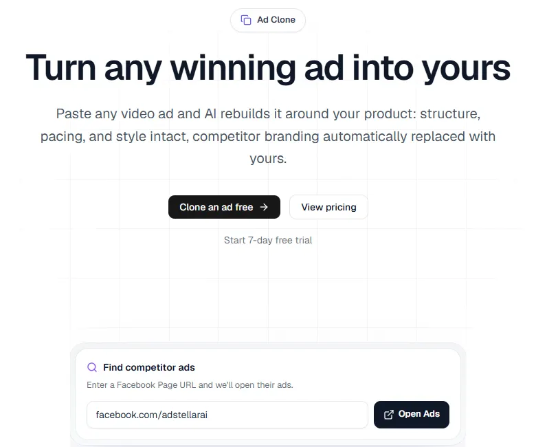 AdStellar Ad Clone page: paste a video ad and it is rebuilt around your product, with a box to open a competitor's Facebook Page ads