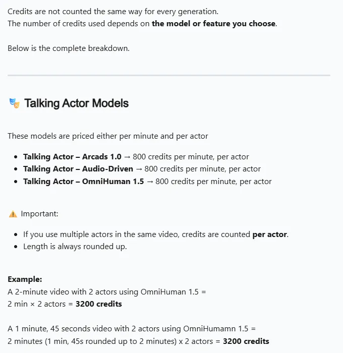 Arcads help center article showing talking actor models priced at 800 credits per minute per actor, with length rounded up