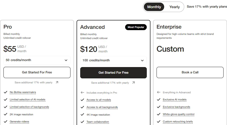 Botika pricing page on monthly billing showing Pro at $55 a month for 50 credits, Advanced at $120 a month for 100 credits and Enterprise at custom pricing