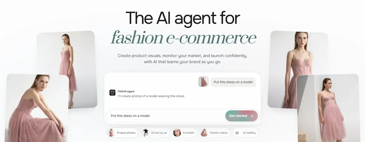 FASHN homepage headline reading The AI agent for fashion e-commerce, with an agent chat box and shortcuts for product photos, virtual try-on, AI models, fashion videos and AI visibility