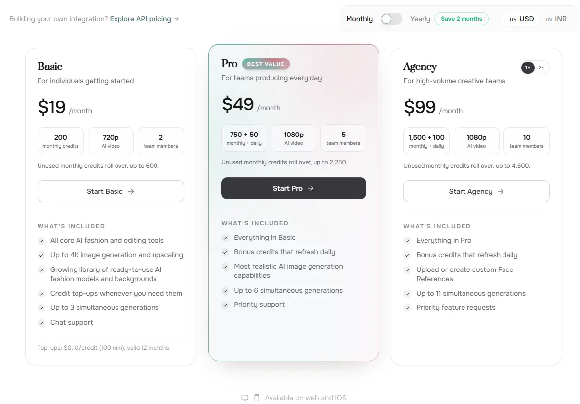 FASHN pricing cards in US dollars: Basic at $19 a month with 200 credits, Pro at $49 a month with 750 monthly and 50 daily credits, and Agency at $99 a month with 1,500 monthly and 100 daily credits