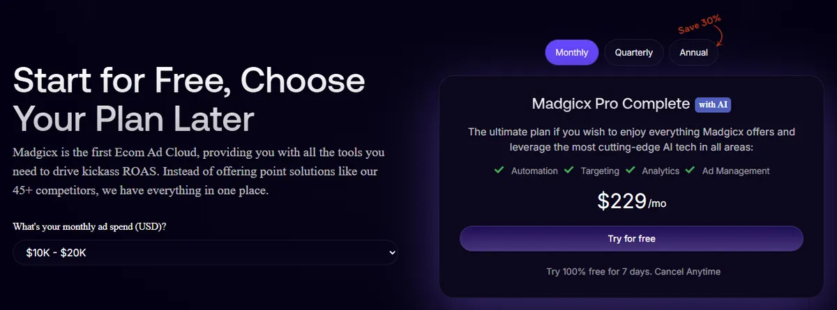 Madgicx pricing page showing Pro Complete with AI at $229 per month for $10K to $20K monthly ad spend, billed monthly
