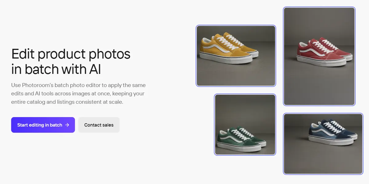 Photoroom's Batch page, headed Edit product photos in batch with AI, showing one sneaker photographed in four colors
