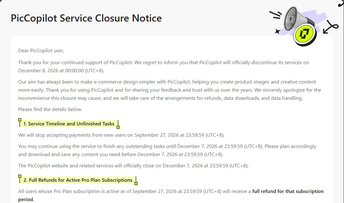 Pic Copilot's service closure notice, giving 27 September 2026 as the end of payments from new users and 7 December 2026 as the closing date
