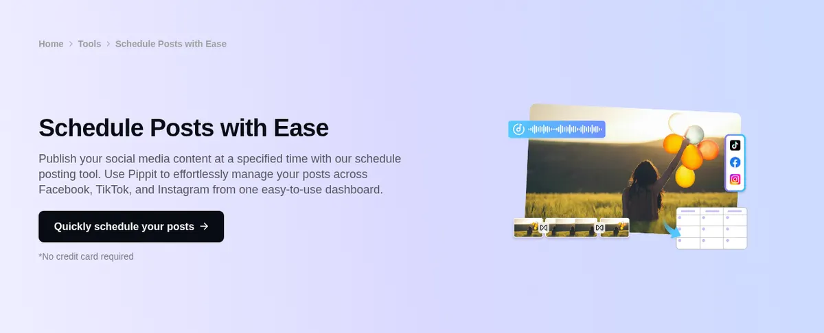 Pippit post scheduler page headed Schedule Posts with Ease, showing TikTok, Facebook and Instagram icons beside a calendar