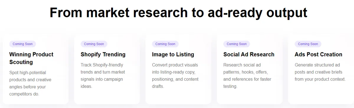 Sellerpic Claw agent page showing Winning Product Scouting, Shopify Trending, Image to Listing, Social Ad Research and Ads Post Creation, each labelled Coming Soon