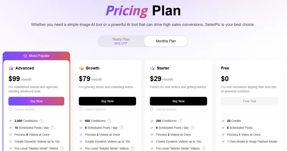 Sellerpic monthly pricing: Advanced $99 with 3,000 credits, Growth $79 with 600 credits, Starter $29 with 200 credits, Free $0 with 20 credits