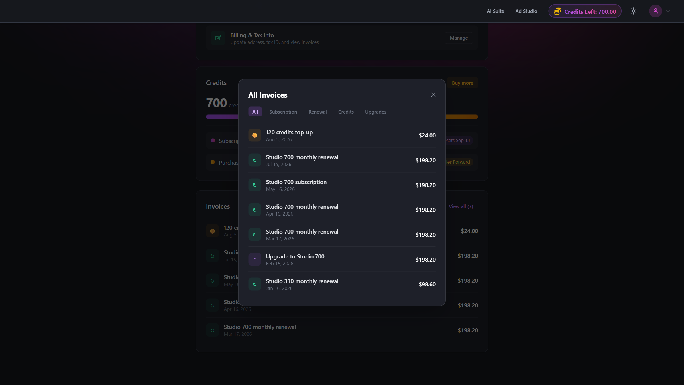 Full invoice history modal with type filter tabs across the top
