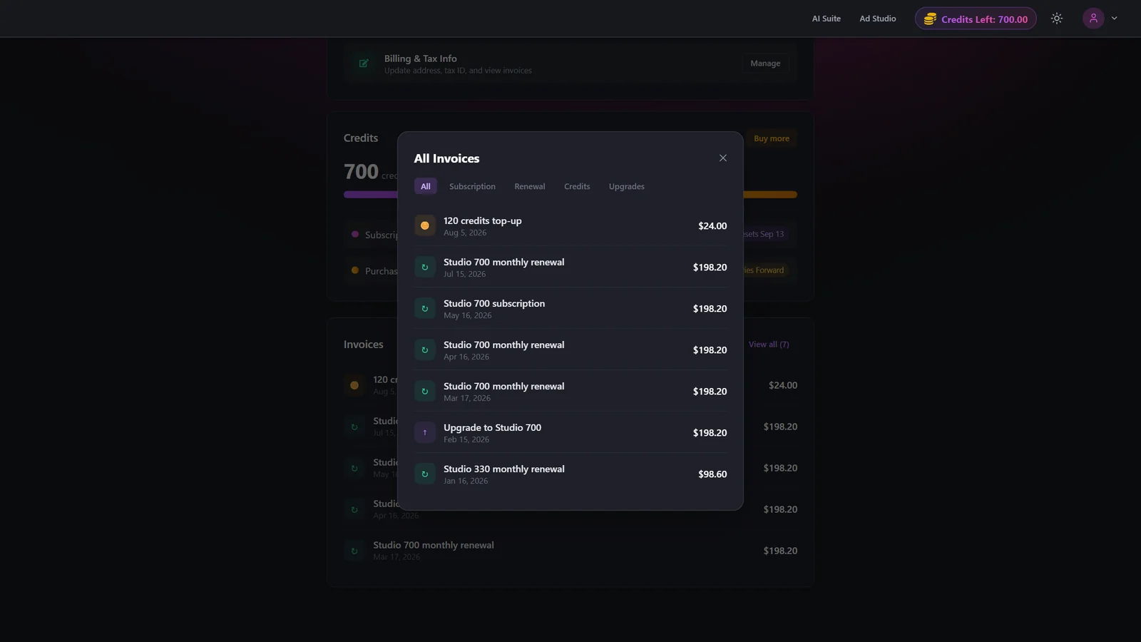 Full invoice history modal with type filter tabs across the top