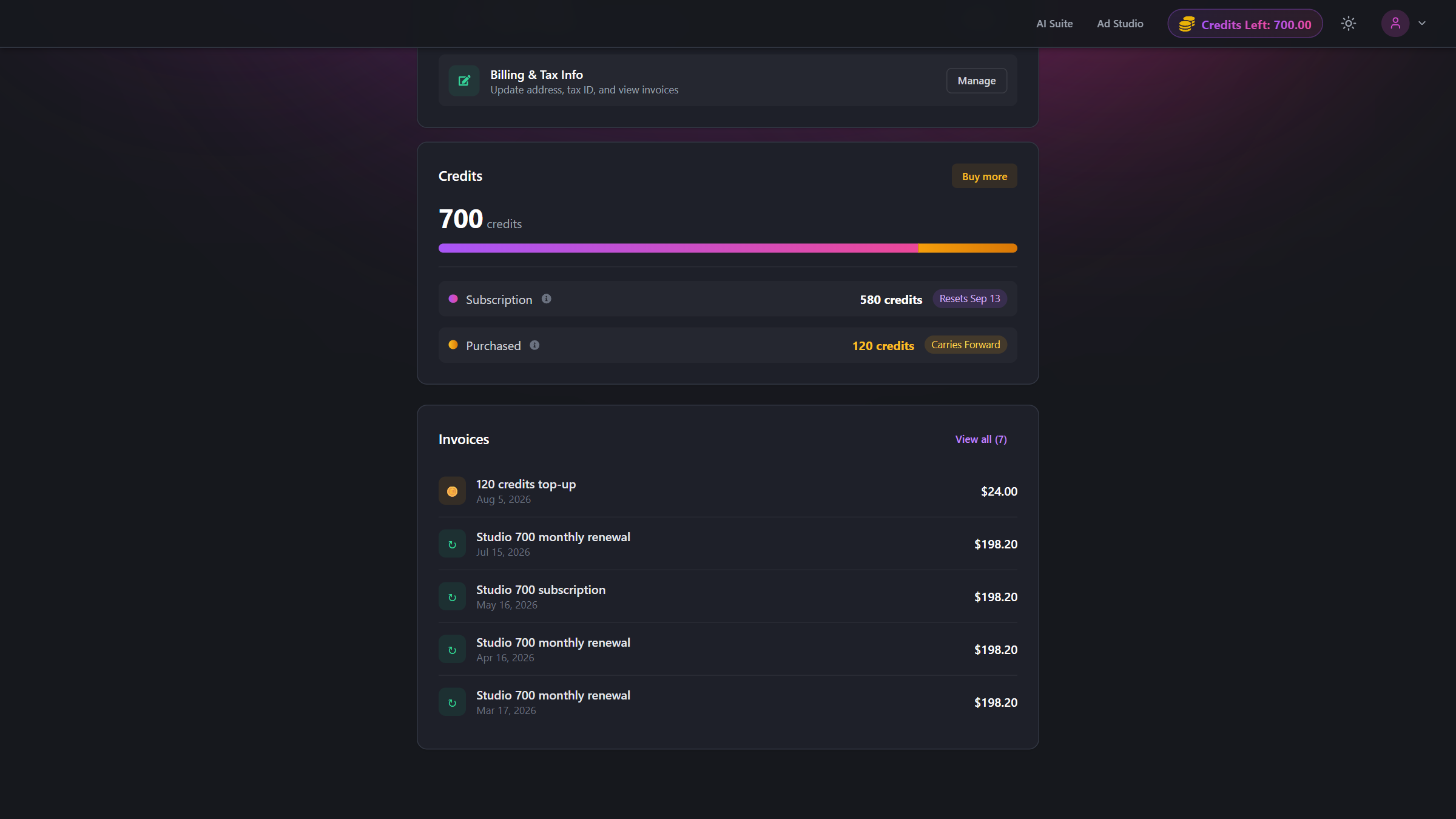 Invoices section on the subscription page listing recent charges with description, date, and amount