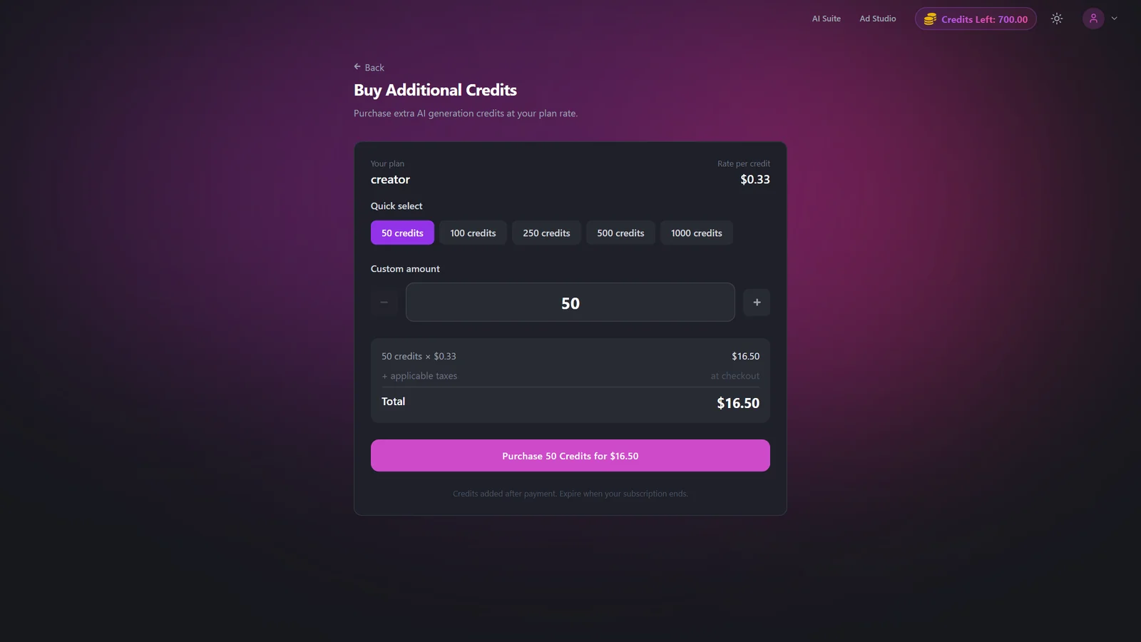 Buy Credits amount selector with quick-amount buttons and a custom stepper