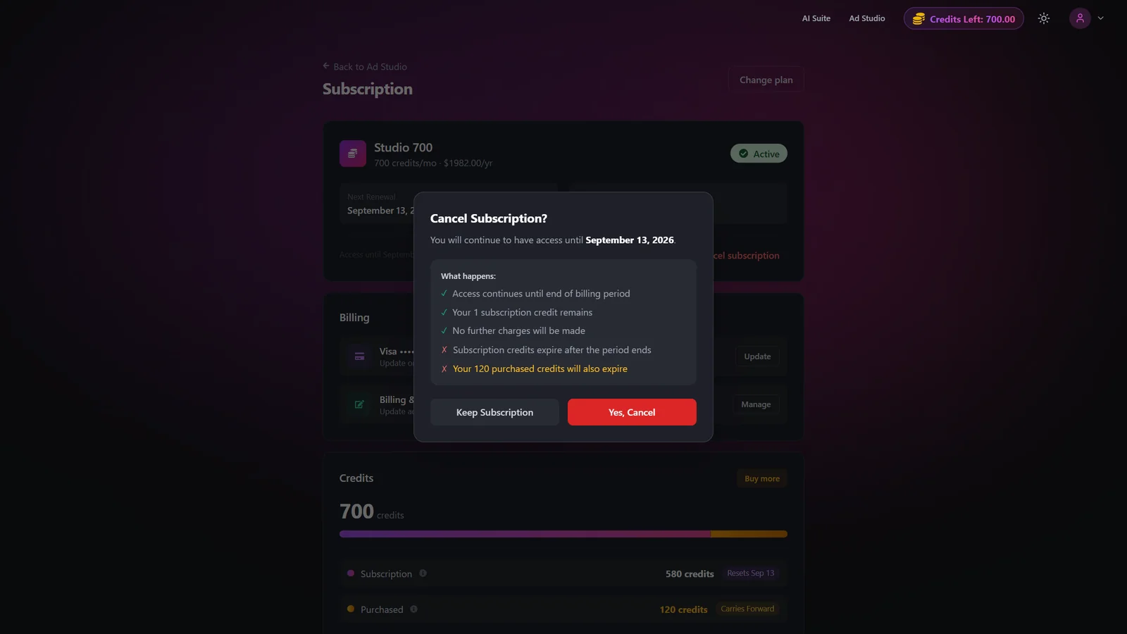 Cancellation confirmation modal listing retained credits and period-end warning