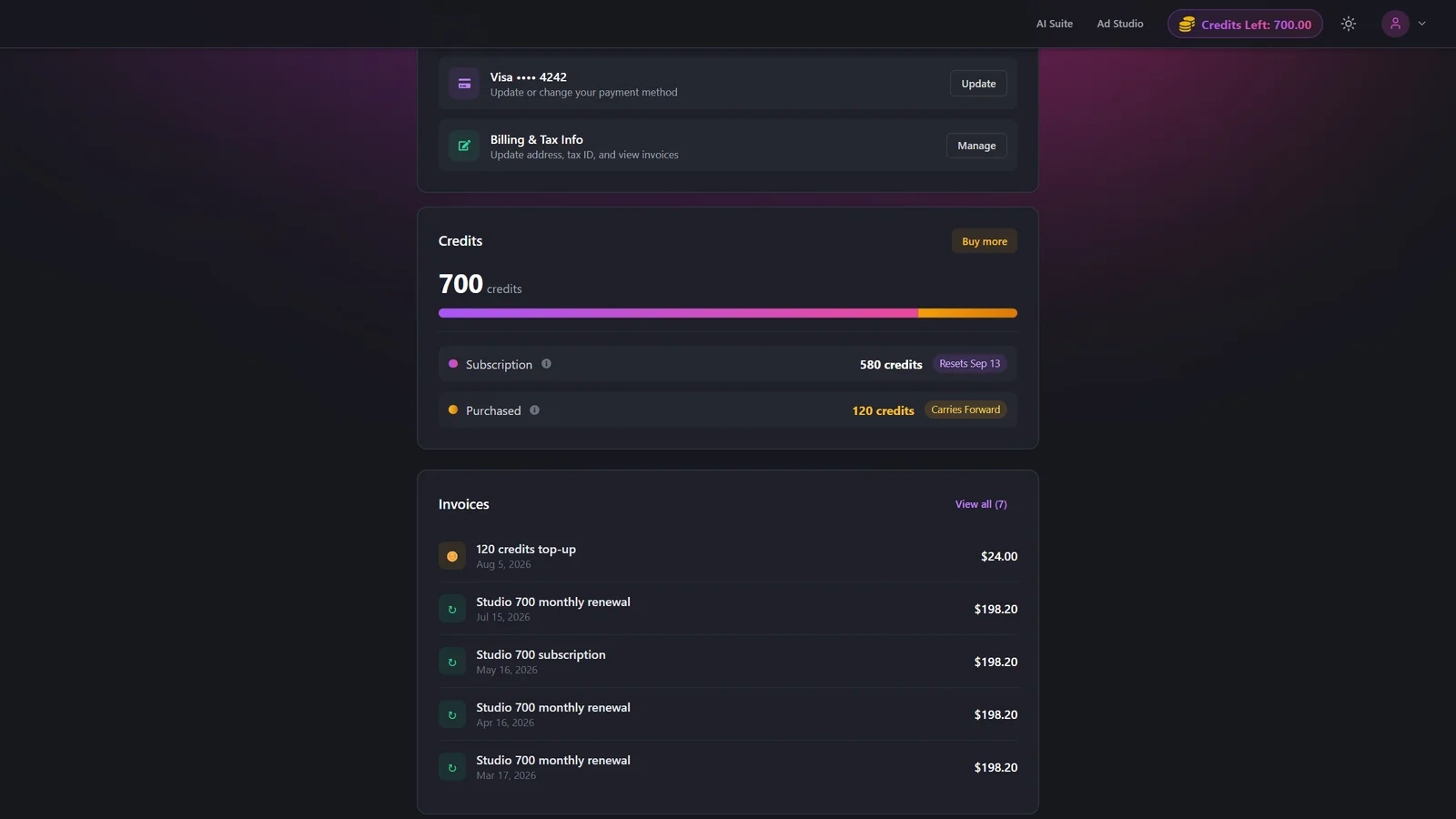 Subscription page Credits card showing total balance with a split bar