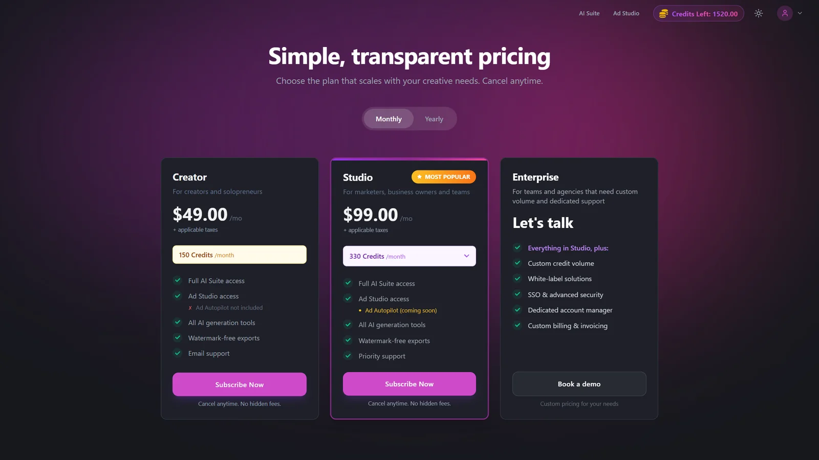 Subscription plan cards for Creator, Studio, and Enterprise with a Monthly/Yearly toggle