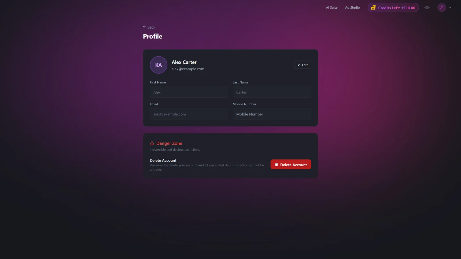 Profile page showing avatar, name, email, and mobile number with an Edit button