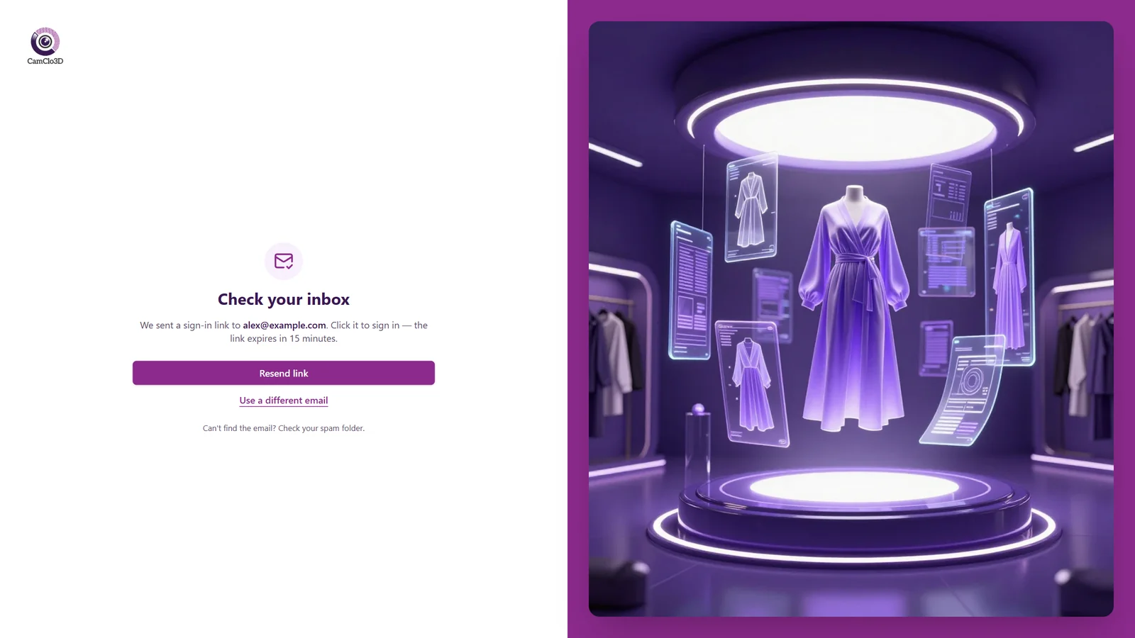 'Check your inbox' confirmation screen showing the email address, a 'Resend link' button, and a 'Use a different email' option