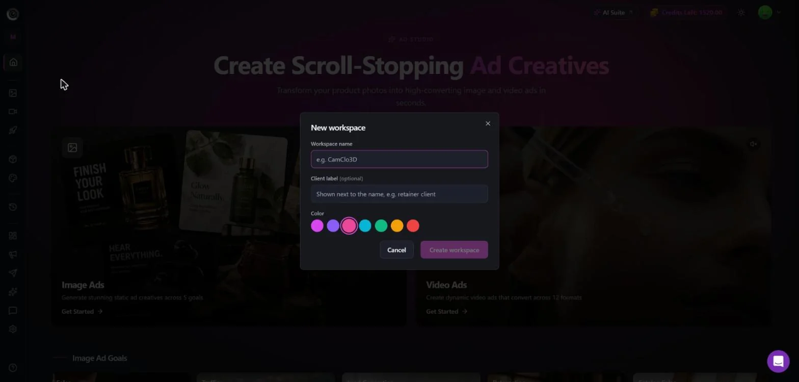 New workspace dialog with name field, optional client label, and preset color swatches