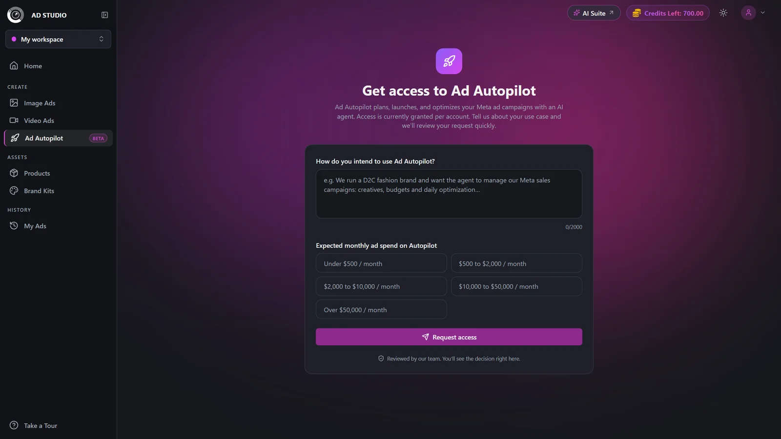 Ad Autopilot access request screen with an intended-use field and a spend selector