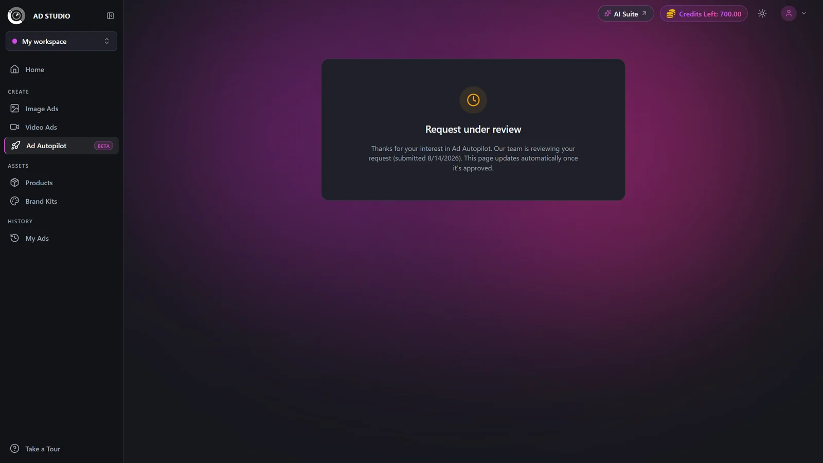 Request under review screen that auto-updates once access is approved