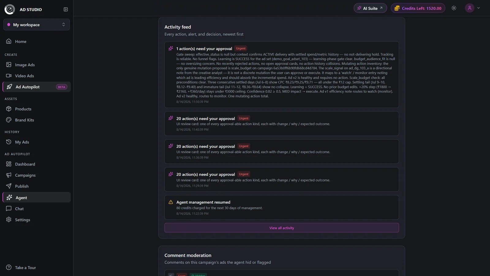 Activity feed with actions, alerts, and decisions, each executed action showing an Undo option