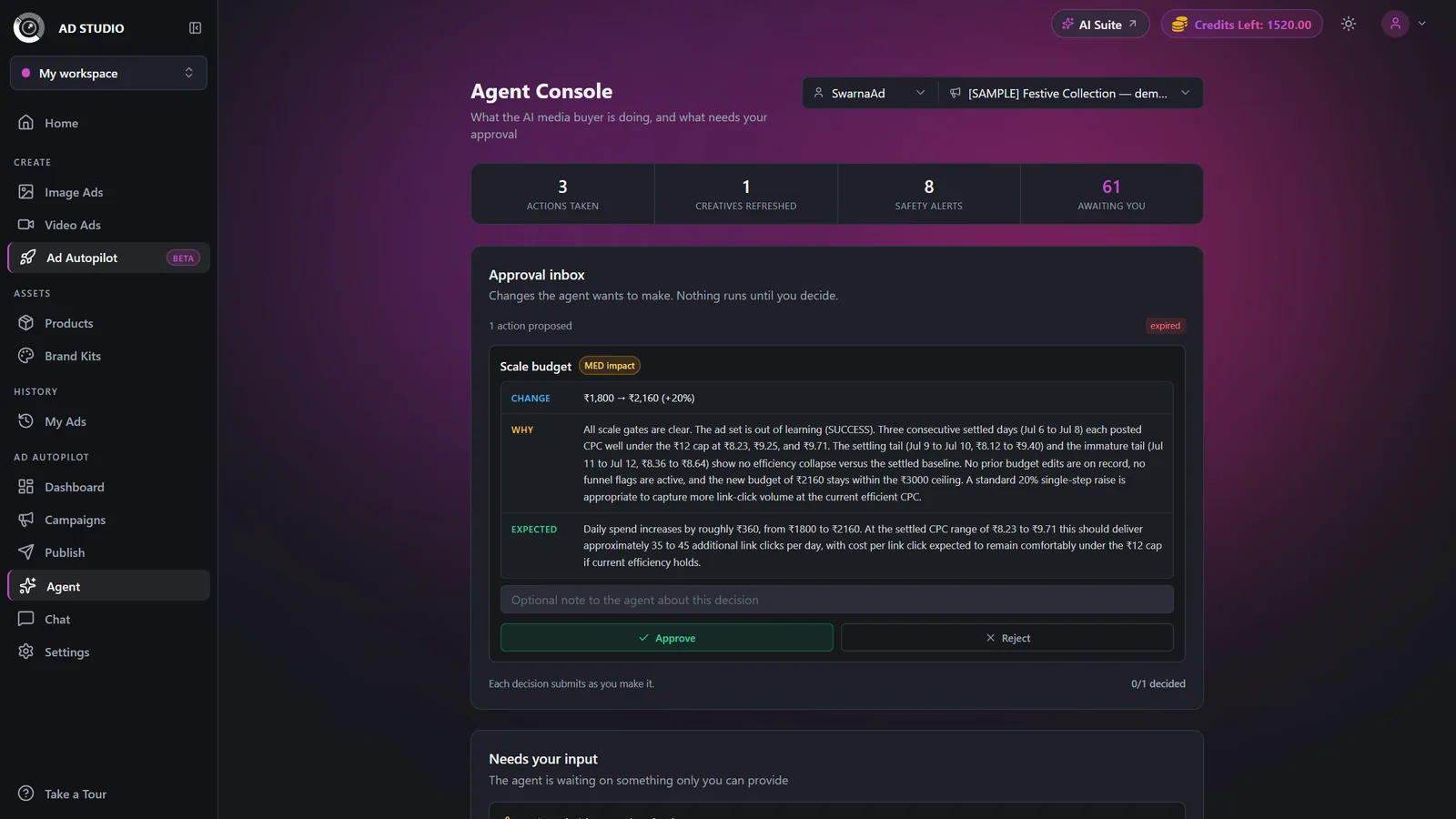 Impact strip showing actions taken, creatives refreshed, safety alerts, and items awaiting you