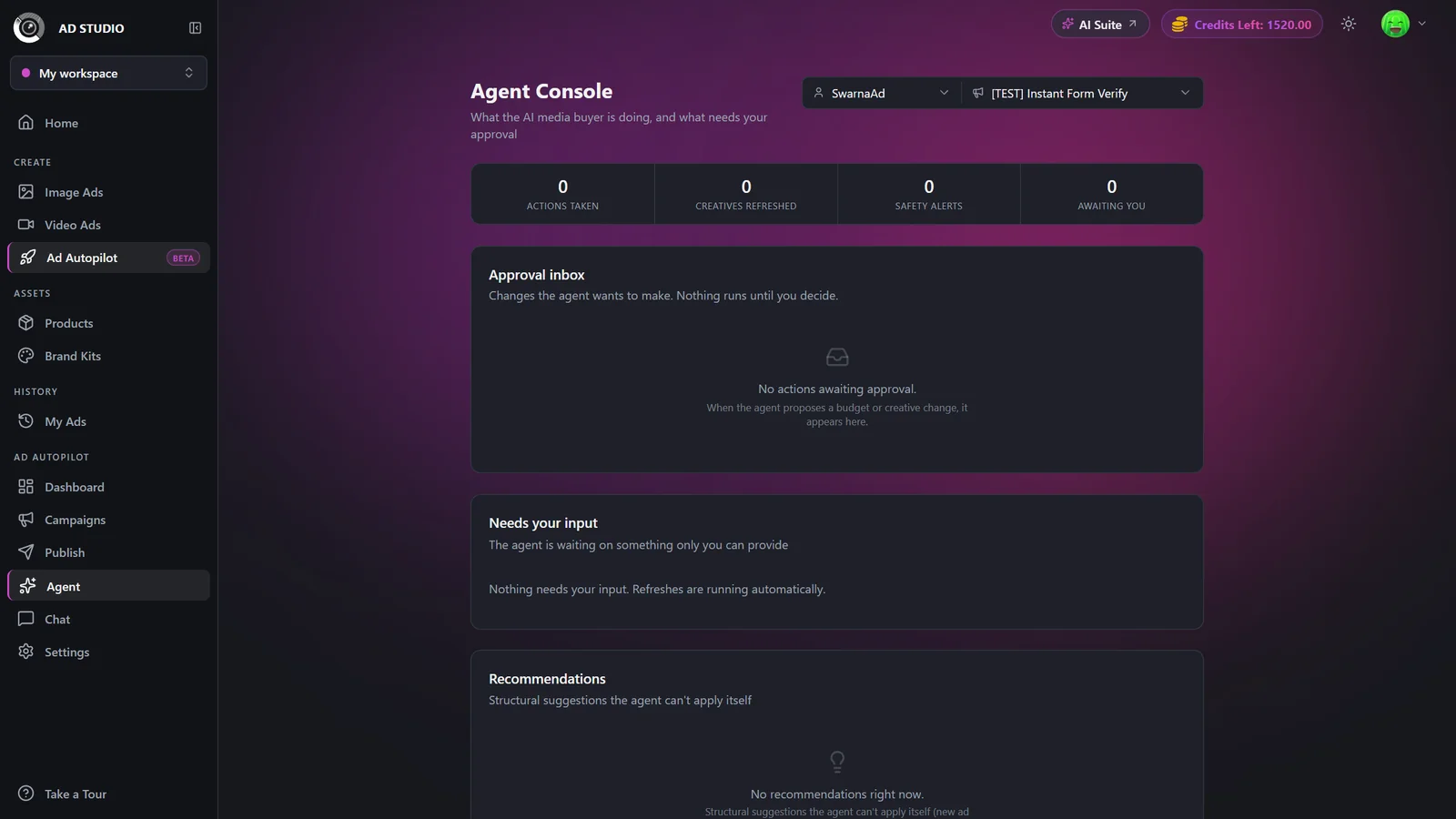 Agent page header with type-to-search account and campaign selectors