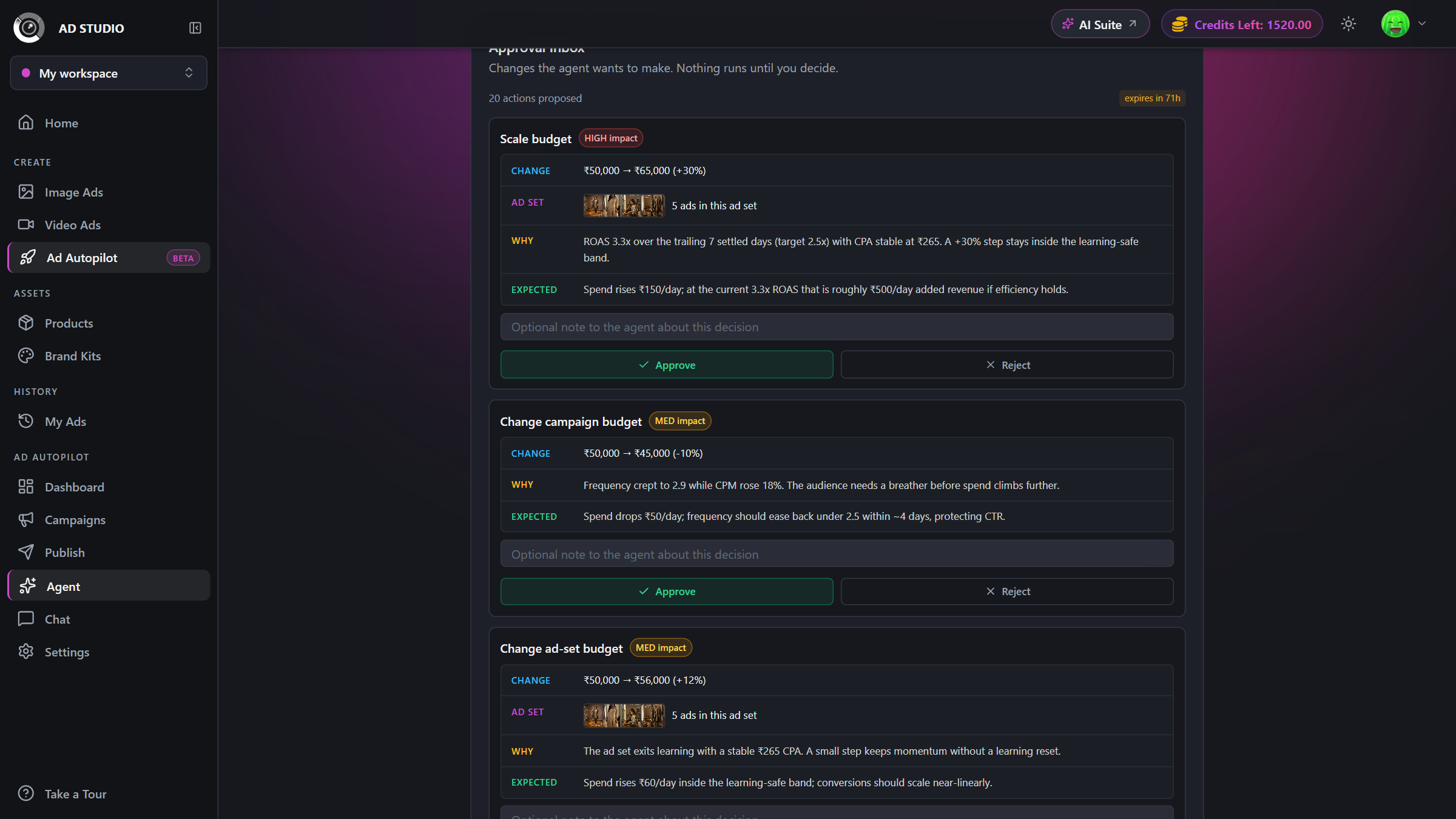 Ad Autopilot Agent page with the Approval inbox panel showing stacked decision cards