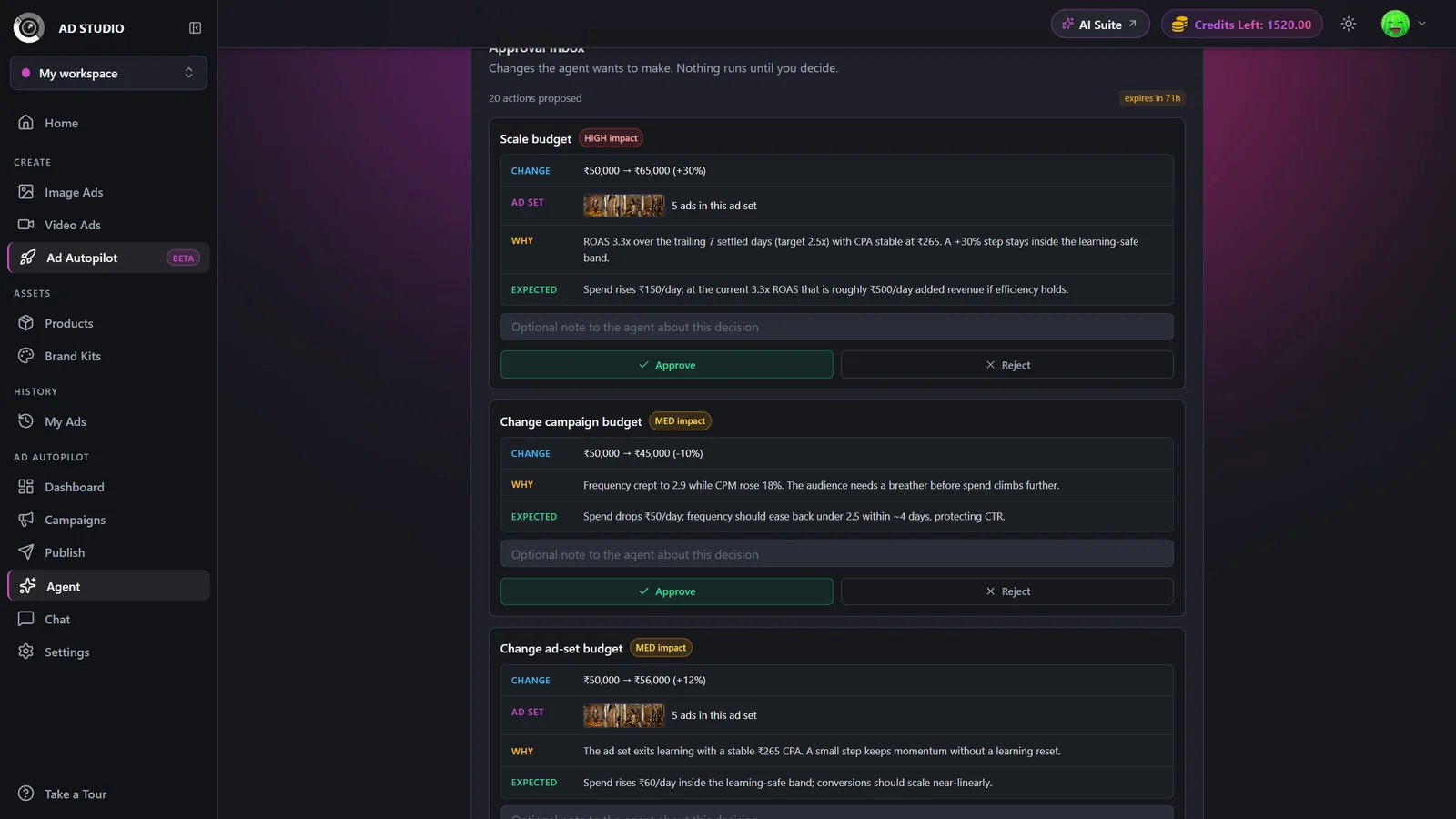 Ad Autopilot Agent page with the Approval inbox panel showing stacked decision cards